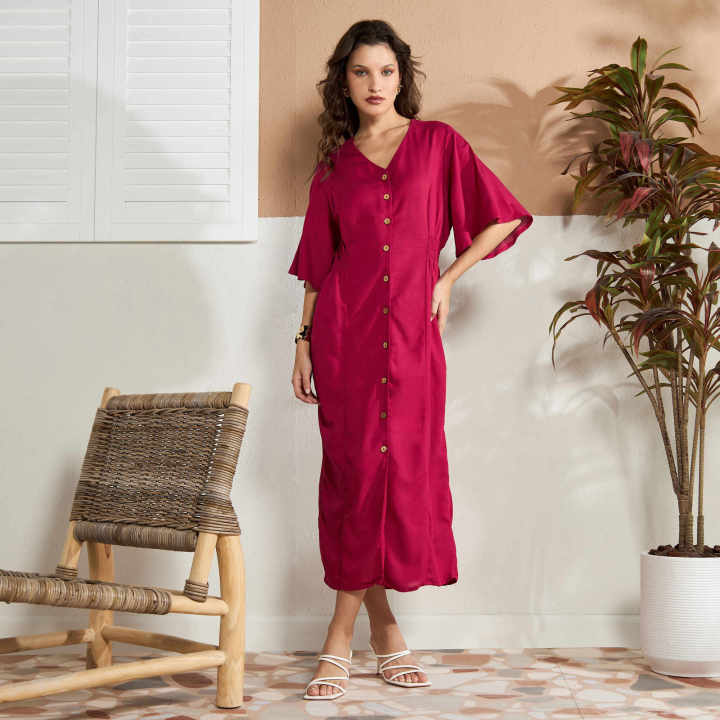 Max Fashions Baju Wanita Plain V-neck Midi Dress with Smocking