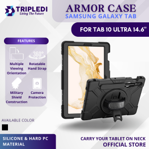 TRIPLEDI Case Armor For Samsung Galaxy Tab S10 Ultra 14.6 Inch 2024 TD0304 Hard Cover Shoulder Strap Casing Silicone Bumper Kickstand TPU Stylus Pen Slot Full Protection Heavy Duty Rugged SM-X920 SM-X926B