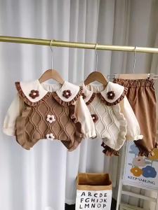 Girls spring and autumn outfit: trendy vest and sweater three-piece set fashionable childrens clothing for stylish little girls