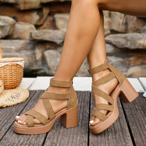 Plus Size 2026 Spring/Summer New High-Heeled WomenS Shoes Cross-Strap Sandals For Outdoor Wear Chunky Heel Square-Toed WomenS Sandals