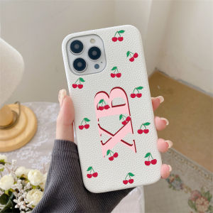 Personalised Letters Pebble Grain Leather Cute Cherry Case for iphone 14 13 15 16 17 Pro Max 14 15 16Plus Luxury Hard Covers Hot