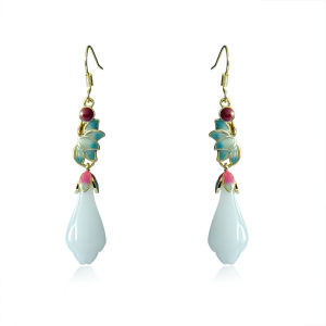 Kemstone Light Blue Peace Jade Magnolia Flower Womens Drop Earrings Chinese Style Jewelry