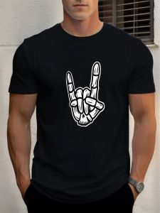 2025 Summer Mens Cotton T Shirt Rock Gesture Trendy Print Round Neck T-Shirt Casual Breathable Street Style Daily Top