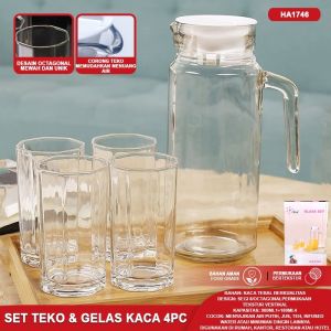 Pitcher Teko Set Drink Set Kaca isi 5 pcs Water Set Kimglass Ketel Riak Jug Glass Tutup dan Handle