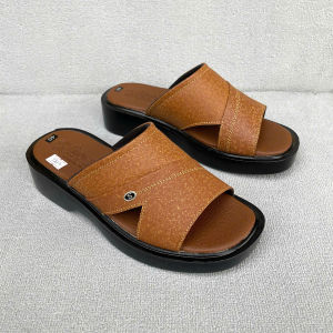 Dép nam da bò quai ngang Trường Hải đế cao 4.5cm màu vàng TM1 FORM NHỎ HƠN 1 SIZE