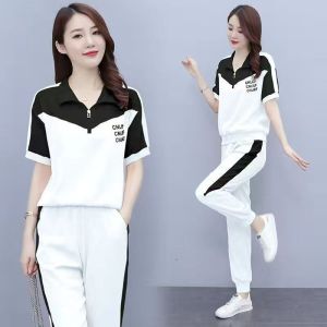 【t-shirts+jogger pants】women sports suits short sleeve filipinina modern patchwork two pieces sets ladies korean style casual terno