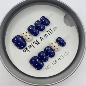 Navy Blue White Polka Dot Press On Nails Short Almond Handmade Fake Nails Glossy Reusable False Nails