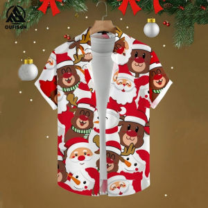 【Oufisun】เสื้อเชิ้ตลายคริสต์มาส เสื้อเบลาส์ลายสัตว์ เสื้อเชิ้ตฮาวายซานต้า สำหรับผู้ชาย ผู้หญิง และเยาวชน เสื้อเชิ้ตลายสัตว์แรคคูนและแมวตลก เสื้อเชิ้ตวันหยุด