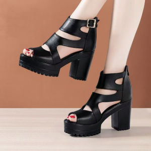 [Free Shipping] New Spring And Summer Korean-Style Fish-Mouth Roman Sandals For Women Featuring Chunky Heels Thick Soles Waterproof Platforms And Hollow-Out Designs Creating A Trendy Look