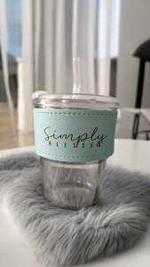Simply Blessed Glass Coffee Cup with Leather Sleeve and Straw – 400ml
