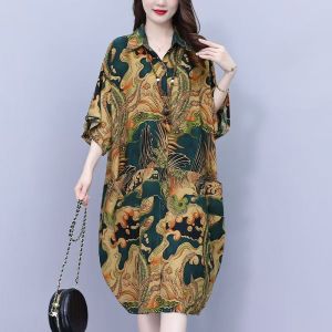 Plus Size Curve Casual Geometric Colorblock Dress Women Collared Button Down Shirt Dress L6021