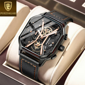 POEDAGAR multifunctional watch for men waterproof original unique design genuine leather fashion trendy cool calendar luminous casual watch