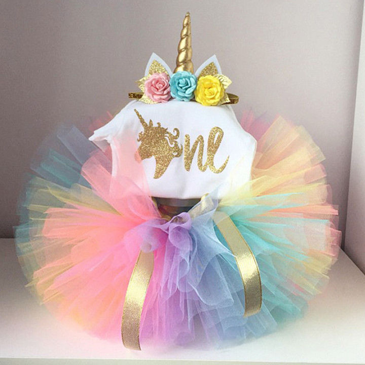3Pcs Newborn Kid Baby Girls 1st Birthday Unicorn Romper Rainbow