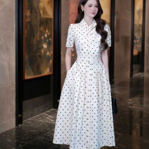 QC_ Đầm công sở thanh lịch outfit thanh lịch nữ tính đầm midi chấm bi sang trọng váy tiểu thư dáng dài Mango chấm bi nơ cổ tay ngắn style vintage Hàn Quốc