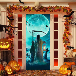 ผ้าแขวนประตูสติ๊กเกอร์ฮาโลวีน ฉากบรรยากาศเทศกาลสยองขวัญ ผ้าแขวนพื้นหลังประตู
