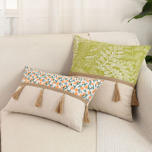 【In stock】30x50cm/45x45cm Linen Cushion Cover with Tassels Boho Botanical Print Patchwork Pillow Case Luxury Throw Covers for Sofa Farmhouse Vintage Style