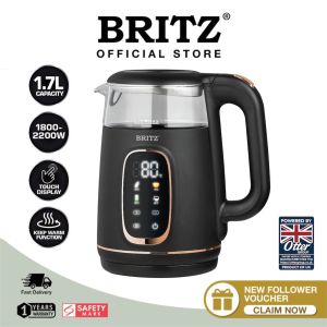 BRITZ 1.7L K172GCD Double Wall Colour Digital Touch Display Glass Electric Kettle UK Otter Controller Stainless Steel Keep Warm