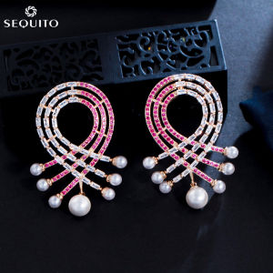 SEQUITO Unique Geometry Drop Design Asymmetrical Red White Cubic Zirconia Setting Women Big Pearl Stud Earrings for Evening Party Costume Jewelry SE511