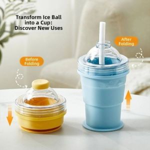 2in1 Foldable Silicone Ice Ball Cup With Straw Food-Grade Reusable Leak-Proof For Coffee Juice Drink