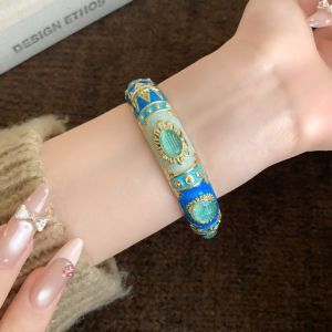 SEEMAY Cats Eye Stone Vintage Cloisonne Bangle Enamel Floral Traditional Womens Hand Bracelet Handicraft Vintage Chinese Flower Bangle Gifts for Women Girl