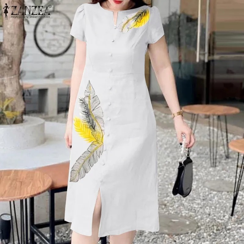 ZANZEA Women's Dress Casual Loose Front Split A-Line Sundress