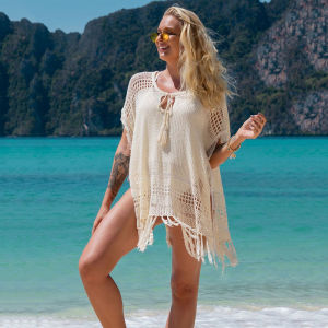 DN0836 Hollow Out Tassle Beach Cover Up Split Crochet Beach Tunic Mini Dress See Through Swimsuit Oversize 2025