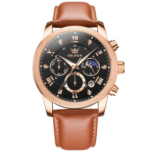 OLEVS 3660 Fashion Men Quartz Watch Gift Leather Watchband Round-dial Wristwatch Moon Phase Calendar Luminous Small second