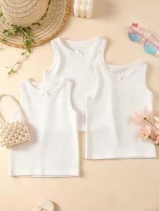 3 Pcs Baby Girls White Striped Tank Top Bow Decoration Soft Stretch Summer Basic Tee Kids Toddler Breathable Vest Aged 1-9Y Wear2026