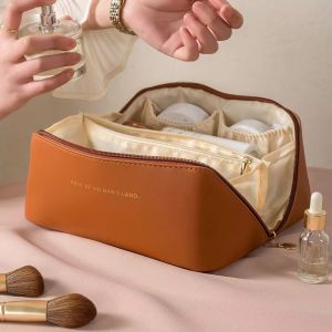 Luxury PU Leather Cosmetic BagDouble Layer Large Capacity Storage Pouch Portable Travel Toiletry Organizer For Women Ins Style