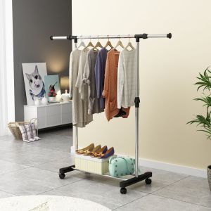 (Local STOCK) Adjustable Single & Double Pole Clothes Rack Stand Drying Rack Clothing Portable Hanging with Wheels