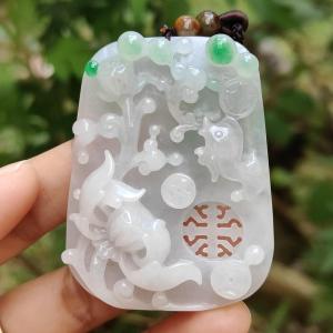 Old school hollow style Green and White Natural Type A Jadeite Jade crafted with flowers and coins as a pendant necklace with certificate weigh 41.56 grams measurement 56.3 * 43.2 * 11.8 mm (pendant204)