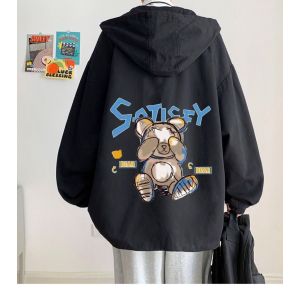 Áo khoác nam chất dù 2 lớp DOLARO có nón chống nắng  áo gió nữ form rộng chống nước nhẹ họa tiết BEAR dễ thương có túi