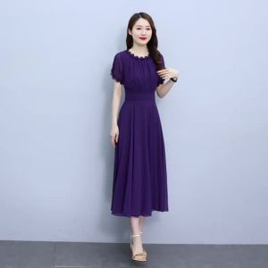 2025Impression Fashion Women Elegant Summer Short Sleeve Plain Tunic Chiffon Plus Size Long Dress8/25