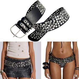 Punk Adjustable Waist Belt with Metal Studs for 90s Hot Girls Gothic Fashionable Waist Sash Faux Leather Girdle