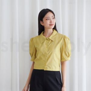 Kemeja Crop Wanita Polos Gaya Korea dengan Kerah Peter Pan dan Lengan Puff
