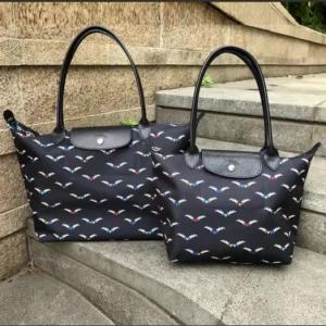 Longchamp Pegasus Print Tote Bags Air Nylon Black with Black Handles and Flap Closure