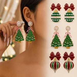 MUSCLEX 1 pair Cây thông Noel đính đá pha lê Bông tai thả hình Giáng Sinh Hiệu ứng lấp lánh Ngọc trai nhân tạo Bông tai nơ Lấp lánh Lấp lánh Trang sức ngày lễ Phụ nữ