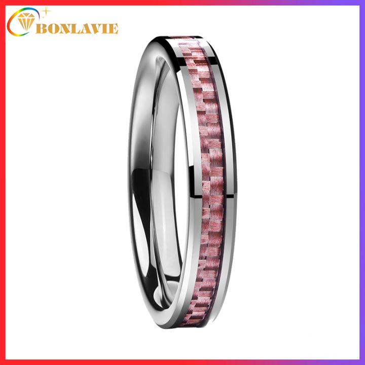 BONLAVIE 4mm Women Tungsten Carbide Wedding Band Pink Carbon Fiber Inlay Beveled Edge Rings Size ...