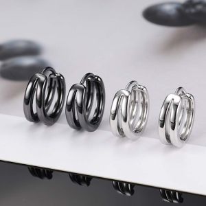 TIMIA Cool Rock Roll For Boys Geometric Black Round Round Circle Silver Color Ear Studs Stud Earrings Men Hoop Earrings Punk Jewelry