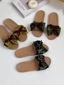 New Fashion Bowknot Linen Slippers For Women Indoor Sweat-Absorbing Non-Slip Silent Soft-Soled Home Sandals