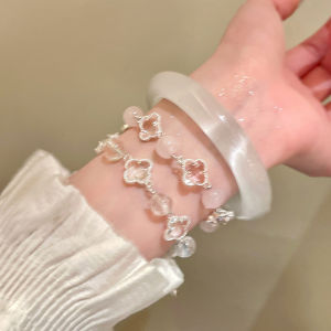 Sweet and Simple White Crystal Pink Crystal and Clover Beaded Bracelet