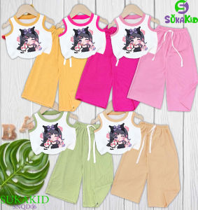 Combo 3 Bộ sát nách quần ống rộng bé gái thun gân hình in kuromi gái nơ cho bé 6kg -30kg.SNQD06