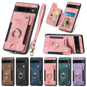 Leather Wallet Lanyard Case For Google Pixel 7 Pro 7A Pixel 6 Pro 6A Phone Case Card Slot Shockproof Protective Finger Ring Holder Cover