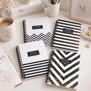 A5 Spiral Notebook Lined 80 Sheets 160 Pages Black White Gold Polka Dots Chevron Stripes