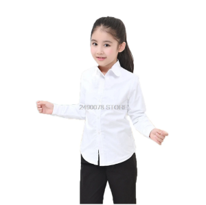 Kemeja Blus Putih untuk Anak Perempuan Lengan Panjang Blus Katun Anak Kualitas Tinggi Remaja 5-12Tahun