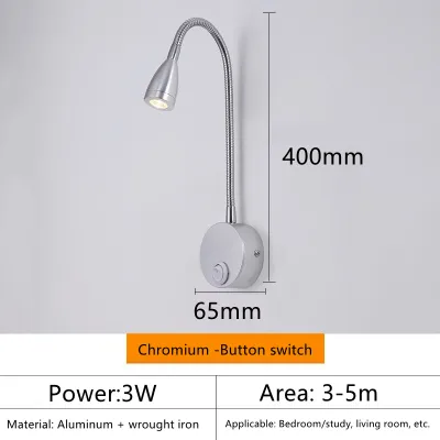 LED Gooseneck Reading Wall Lamp 3W With Switch Flexible Adjustable Working Study Wall Mounted Bedroom Bedside Night Light