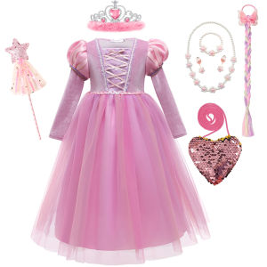 Winter Velvet Dress Girls Rapunzel Princess Costume Children Long Sleeve Tulle Frock Kids Tangled Pink Fluffy Gown Purim Clothes