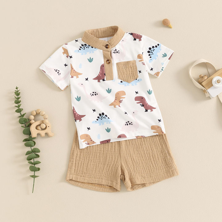 2-3 days Delivery Baby Boy Summer Outfits Short Sleeve Band Collar Dinosaur  Print T-Shirt Shorts Set Toddler Casual Clothes Lazada PH - Main Image