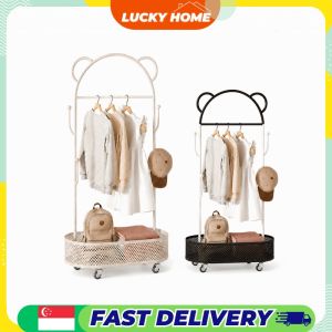 【Lucky Home】 YANASO Mobile Clothes Rack Bear Ear Garment Stand Storage Basket Hooks Brake Casters Kids Adult Bedroom