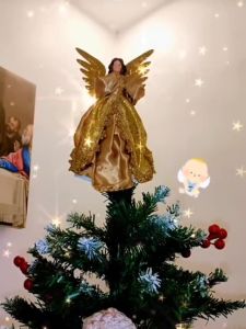 Christmas Angel Tree Topper with Glitter Wings Gilded Dress Christmas Tree Decoration Red Gold / Champagne Gold / Blue Silver 8 / 10 / 12 Inch